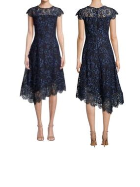 Donna Karan Cap- Sleeve Asymmetric Lace Midi Dress Blue  Size 14 wedding guest